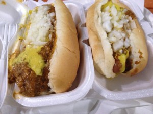 One Lafayette coney, one American coney side by side