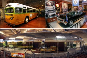 Clockwise starting top left: Rosa Park's Bus, Kennedy Car; Dymaxion House