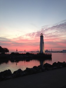 Sunrise view of the Lighthouse along the Riverwalk on a run