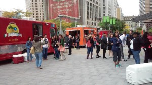 A small sample of the food trucks that park on the square.