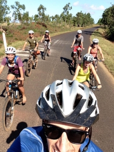 Riding with volunteers on the national highway in Madagascar